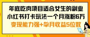 年底吃肉项目适合女生的副业小红书打卡玩法一个月涨粉6万+变现能力强+单月收益5位数【揭秘】-指尖网