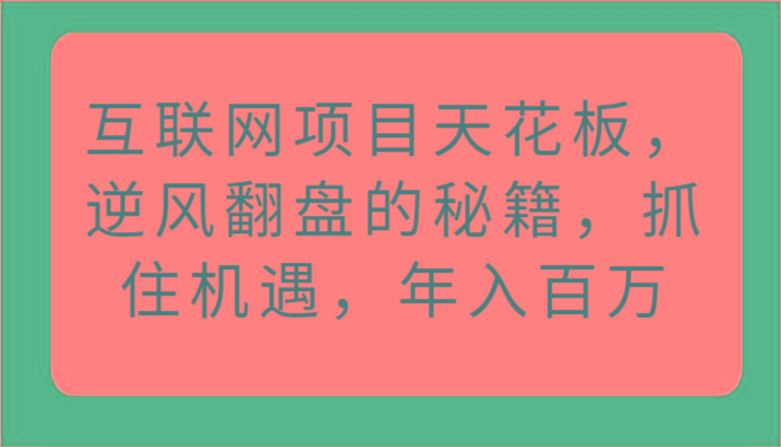 互联网项目天花板，逆风翻盘的秘籍，抓住机遇，年入百万-指尖网