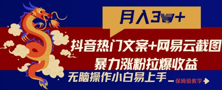 抖音热门文案+网易云截图暴力涨粉拉爆收益玩法，小白无脑操作，简单易上手【揭秘】-指尖网