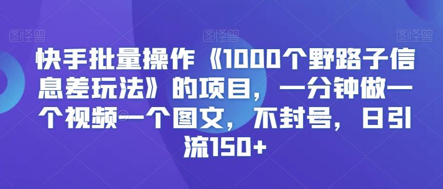 快手批量操作《1000个野路子信息差玩法》的项目，一分钟做一个视频一个图文，不封号，日引流150+【揭秘】-指尖网