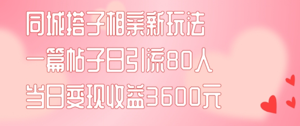 同城搭子相亲新玩法一篇帖子引流80人当日变现3600元(项目教程+实操教程)【揭秘】-指尖网