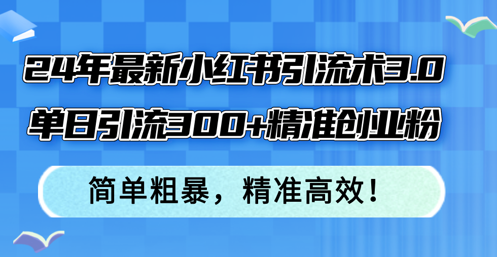 24年最新小红书引流术3.0，单日引流300+精准创业粉，简单粗暴，精准高效！-指尖网