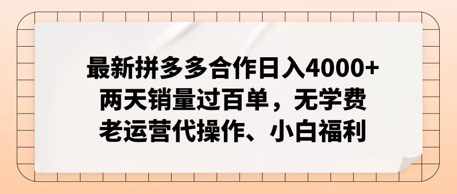 拼多多最新合作日入4000+两天销量过百单，无学费、老运营代操作、小白福利-指尖网